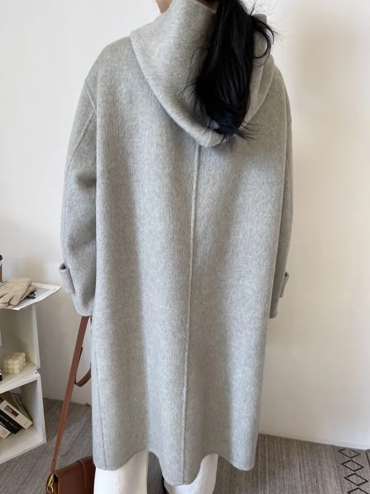 Winter Women Fashion Mid Length Turn Down Collar Woolen Coat Warm Long Loose Single Breasted Hooded Solid Color Lady Outerwear