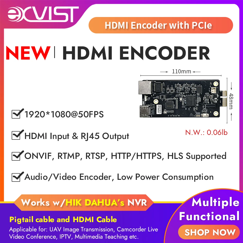 Mini HDMI Encoder With Pcle, 1080P@60FPS, H.265, Built-in Micro SD slot for Local Recording, 24/7 Reliable for Hotel TV Systems