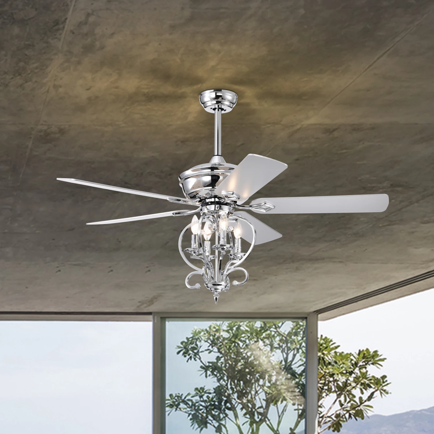 

52 inch 4 Lights Ceiling Fan with 5 Wood Blades, Two-color fan blade, AC Motor, Remote Control, Reversible Airflow, 3-Speed, Adj