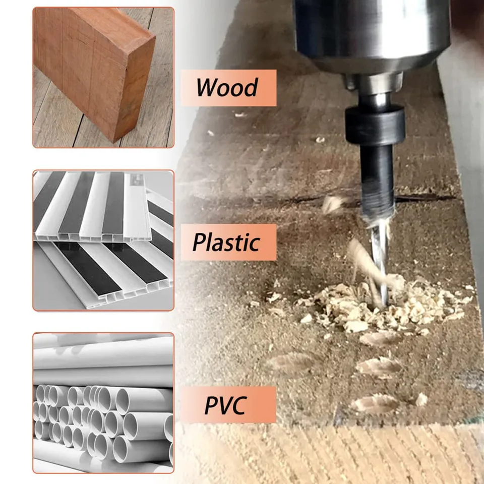 5-Piece Tapered Countersink Drill Bit Set – Hex Shank, Sizes #4-#12, Adjustable Pilot Depth, HSS & Carbon Steel, For Woodworking & Plastics
