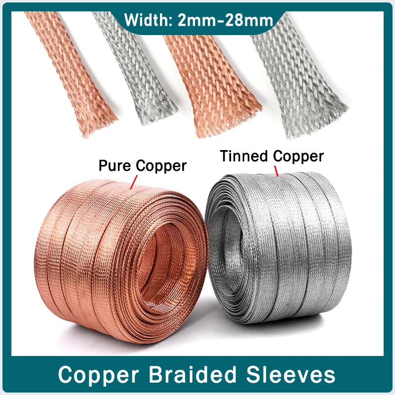 1/5/20M Copper Braided Sleeve Width 2mm ~ 28mm Pure Copper/Tinned Copper Expandable Signal Wire Cable Shielded Metal Sheath