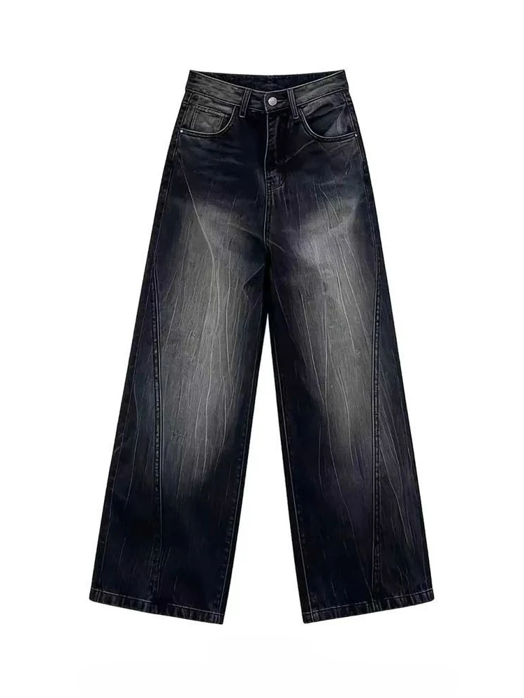 Women's Retro Black Y2k Wide Legs Jeans Girl Streets 90s Denim Pants High Waisted Sweatpants Female Vintage Trousers