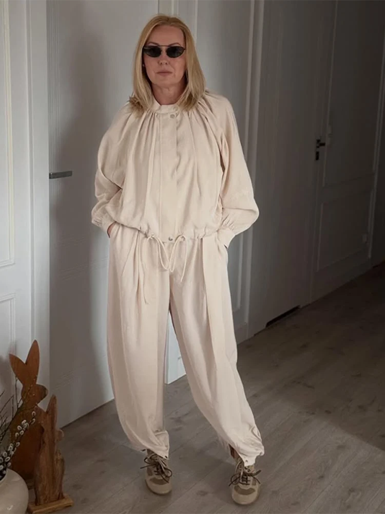 Übergroße Laternenärmel-Mantel-Hosen-Sets für Damen, Streetwear mit Kordelzug, Plissierte Jacken, Laternenhosen, Schicke Damen-Outfits in Unifarben und Loser Passform – Detail 3