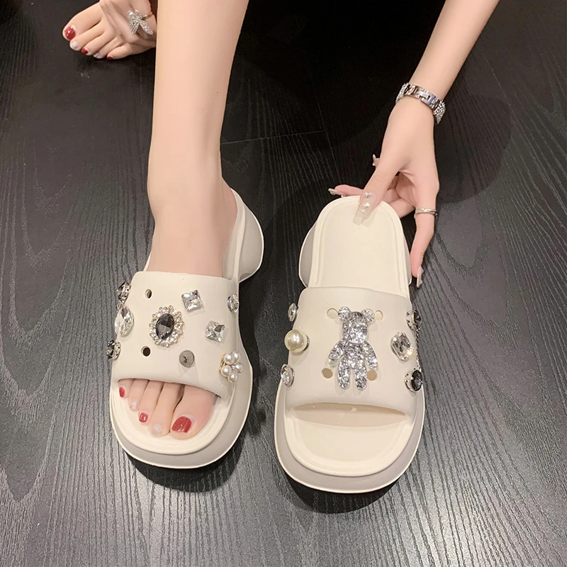 Women Summer Slippers Shine Bear Decoration Platform Sandals Outside Vacation Beach Non-Slip Slides Flip Flop Casual Shoe Female