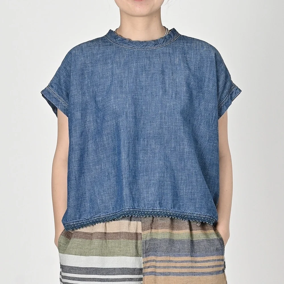 

Japanese Style Casual Summer 2026 Women's Cotton T-Shirt Short Sleeve Denim Ruffle Hem Loose Fit Moisture Wicking round Neck