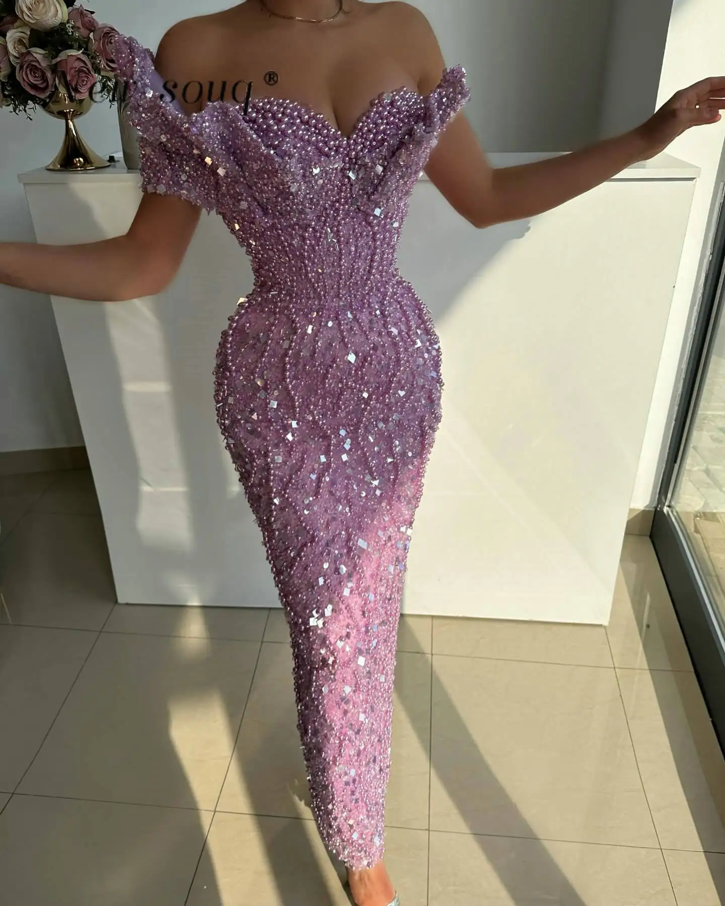 Light Purple Ankle Length Evening Dresses One Shoulder Pearls Beaded Mermaid Wedding After Party Gowns Custom Made Prom Robes