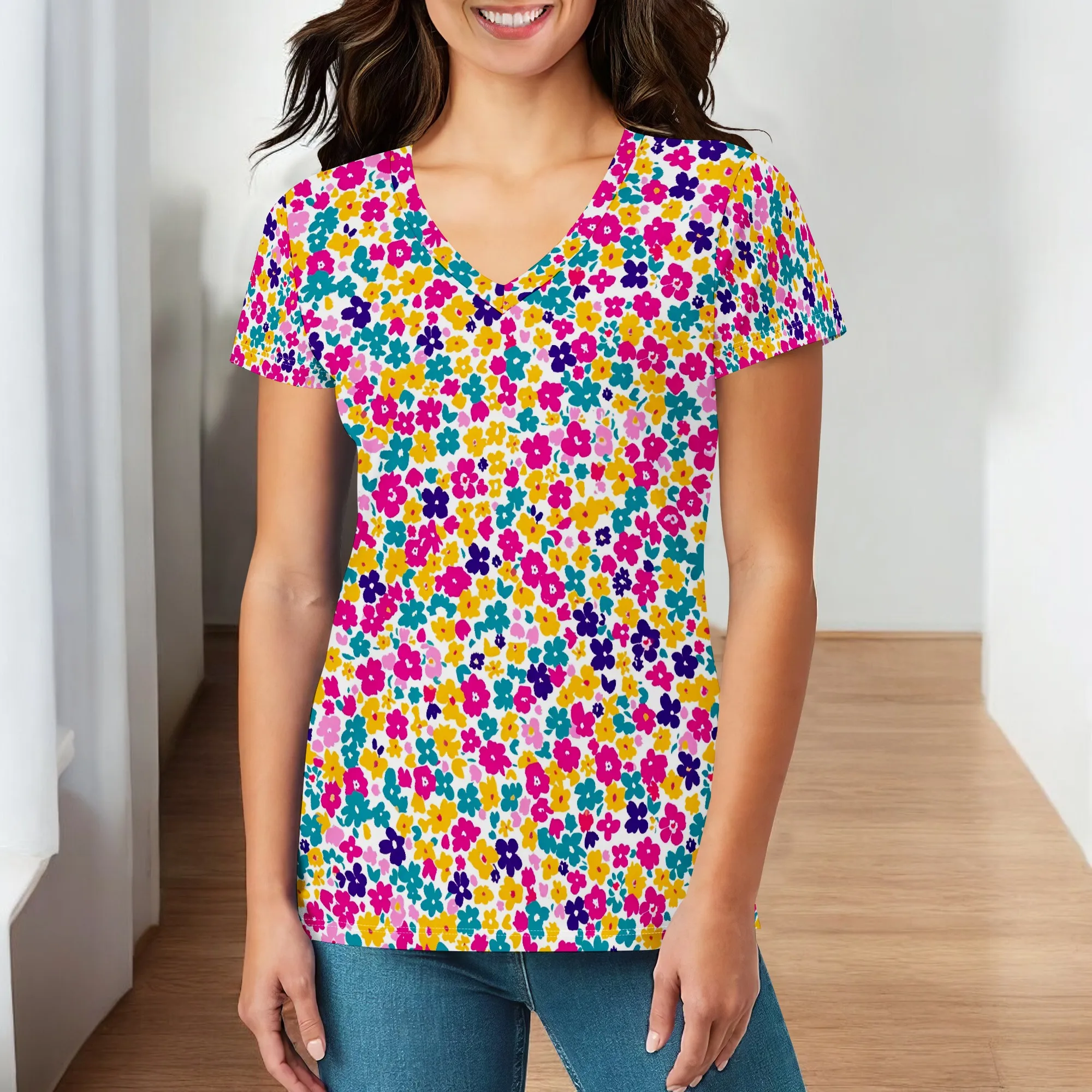 

Womens Ditsy Floral Pattern T Shirts Short Sleeve Summer Tops Cute V Neck Casual Tees Blouses