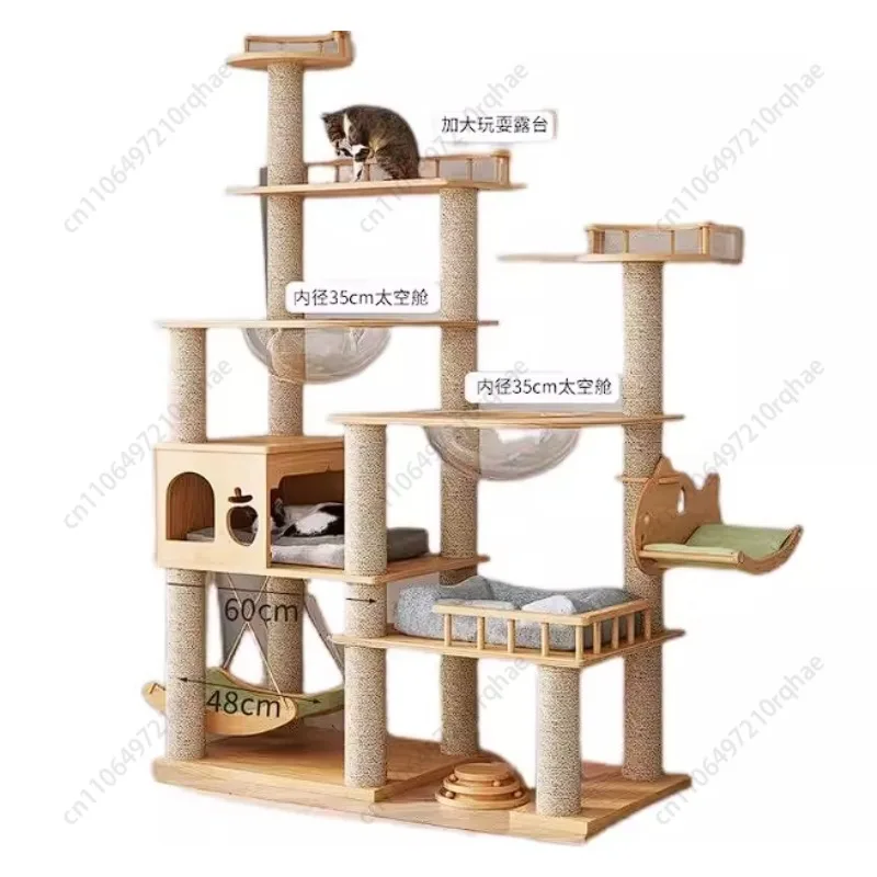 

Large Solid Wood Cat Climbing Frame, Multi-Level Scratching Board with Space Capsule