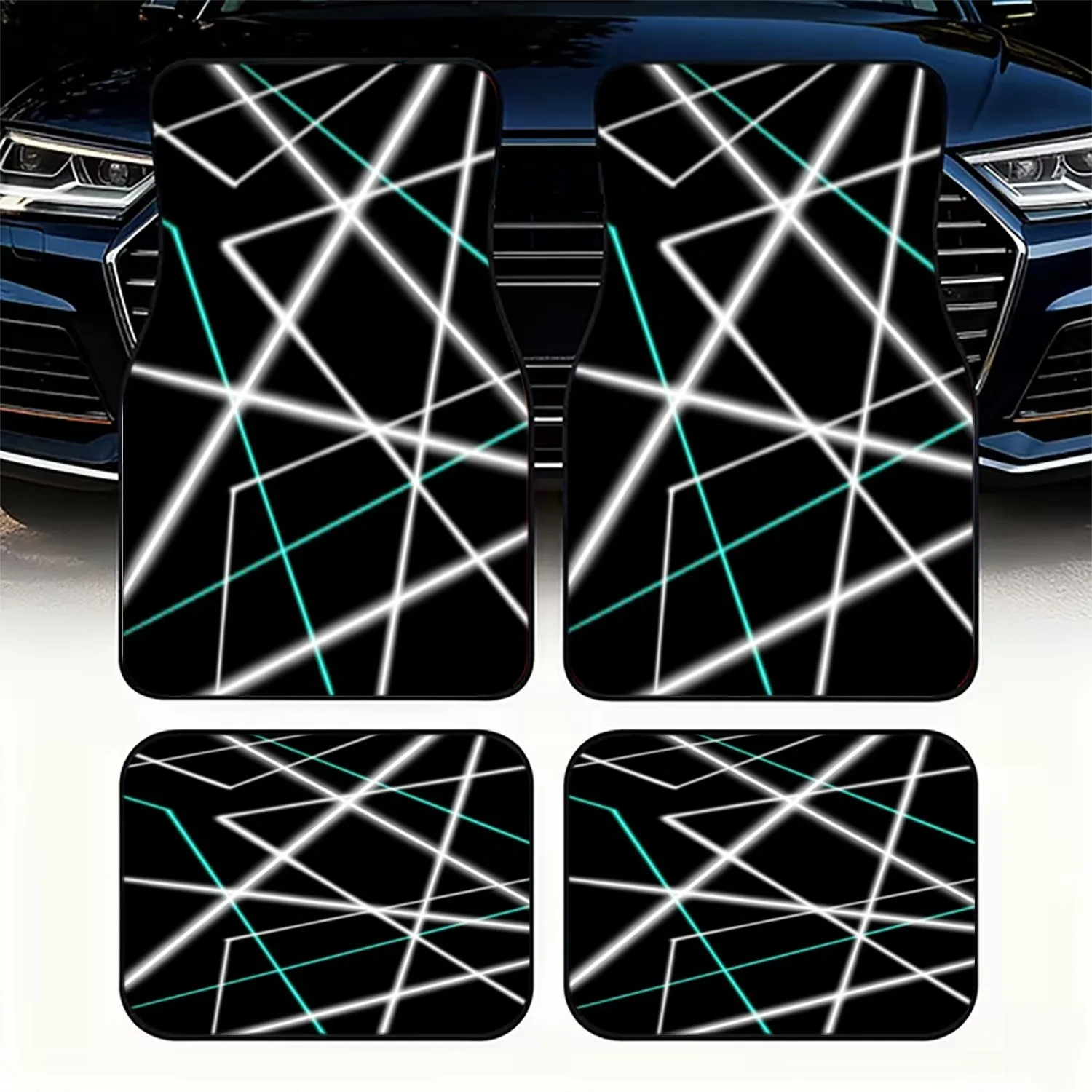 4pcs Car Floor Mats With Dynamic Grid Pattern | Polyester Fiber Material, White & Cyan Lines On Black Background, Stylish & Dura