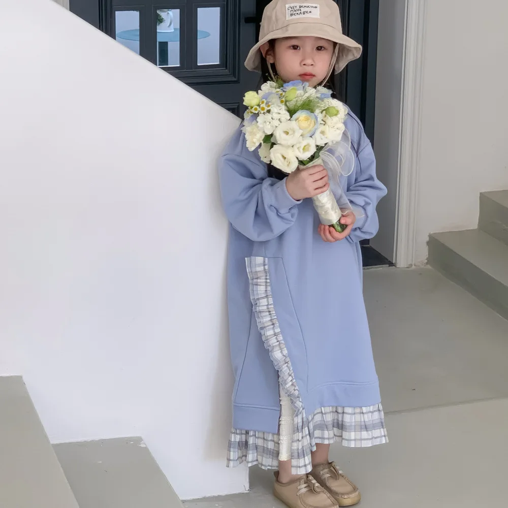 

Spring Girls patchwork lace long style dress children soft loose O-Neck Hoodies dress