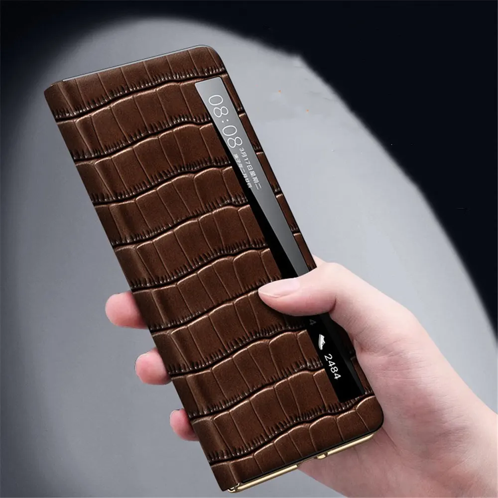 Genuine Cowhide Leather Crocodile Magnetic Flip Case for Honor Magic V3 Window View Cover