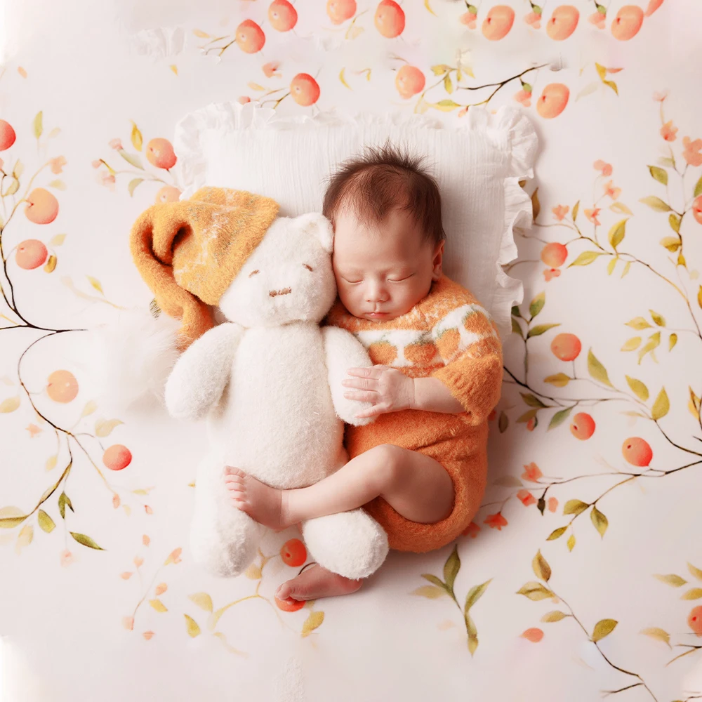 الوليد التصوير الدعائم حزمة البرتقال محبوك رومبير الطفل الأبيض أفخم دمية دب دمية للطفل استوديو الصور الخريف موضوع تبادل لاطلاق النار