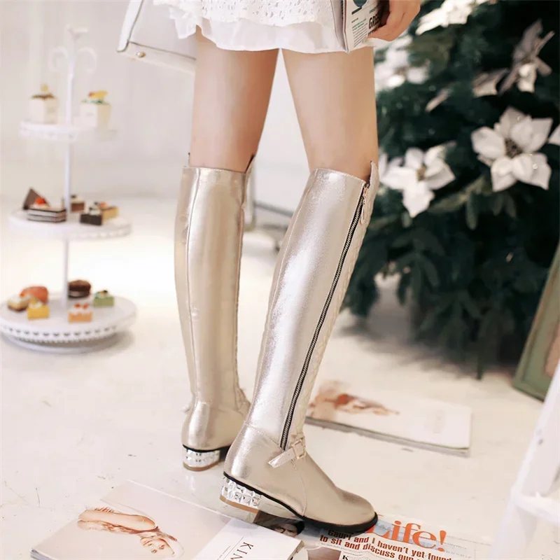 Plus Size Glitter Fur Knee High Boots Women Pointed Toe Silver Gold Low Heels Party Dress Ladies Buckle Zipper Plush Long Boots