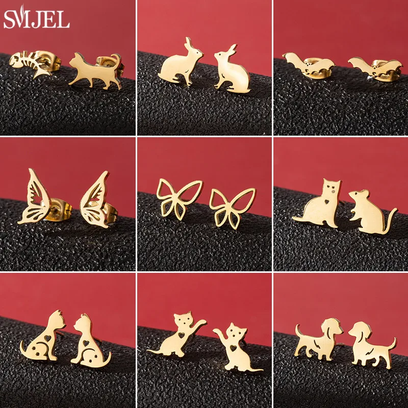 Cartoon Stainless Steel Piercing Stud Earrings for Women Rabbit Cat Mouse Dog Butterfly Small Earings Girls Cartilage Ear Studs