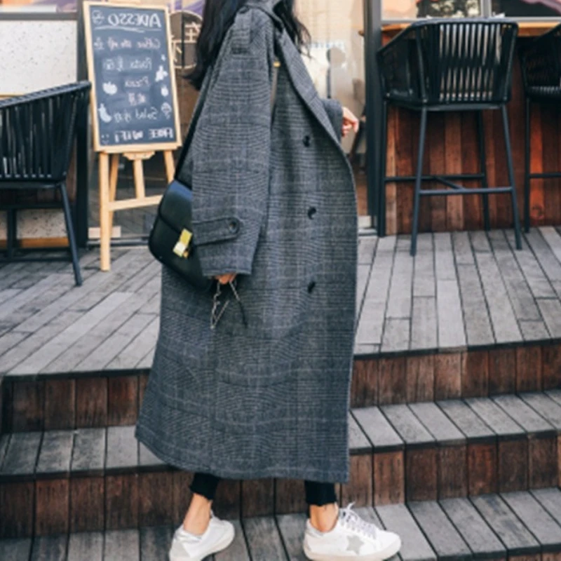 Korean Version of Mid-length Over-the-knee Woolen Coat Women's 2025 Autumn/winter New Temperament Loose Tartan Jacket Trend