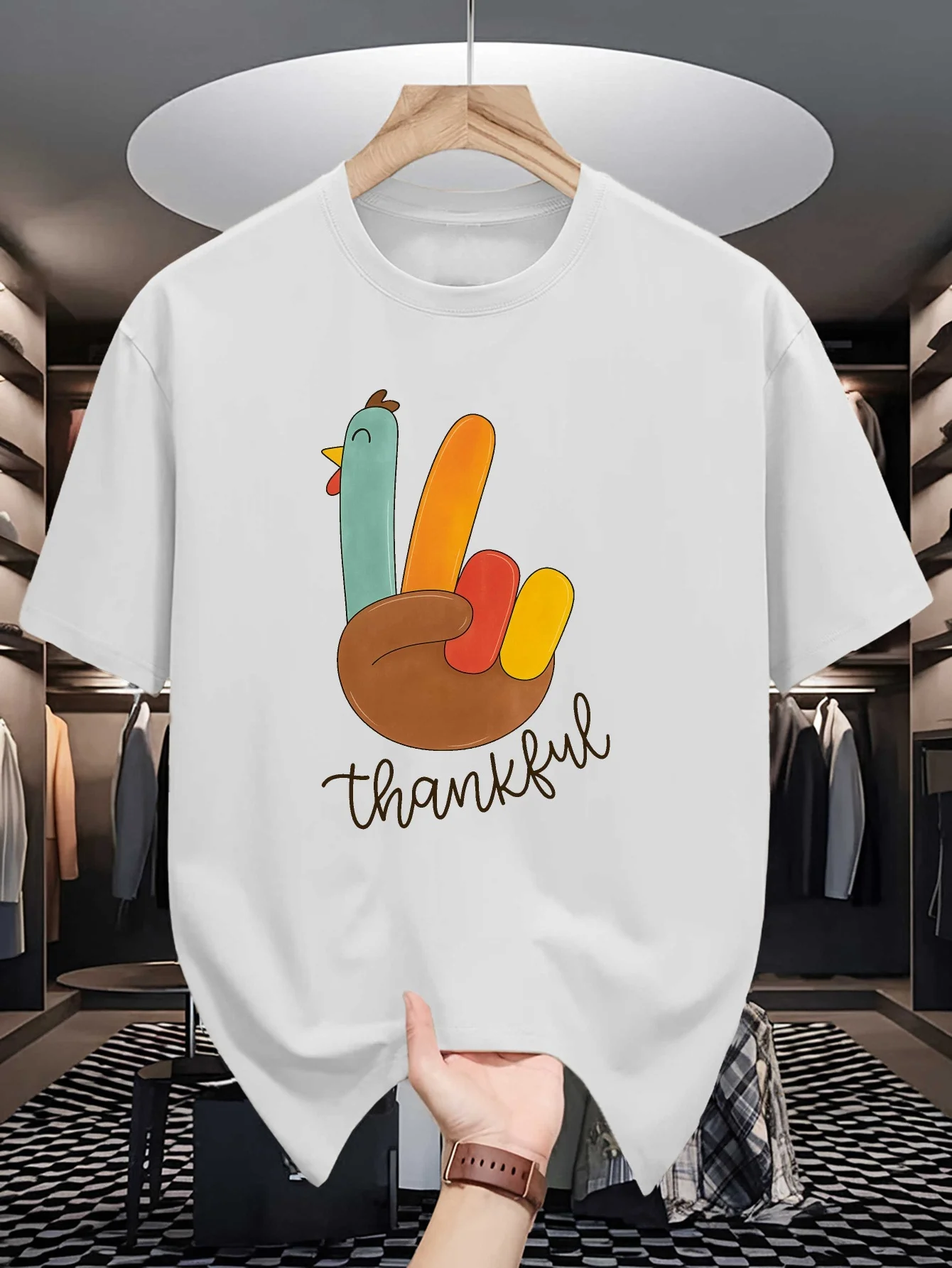 Men Short Sleeve T Shirt Thankful Turkey Peace Hand Thanksgiving Graphic Tees Loose Fit Casual Mens Top For Holiday Street Wear