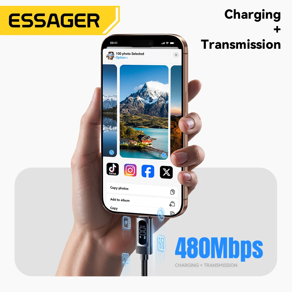 Cable USB C de pantalla Digital Essager para iPhone 17 16 15 Xiaomi Huawei 100W PD carga rápida para Macbook iPad Cable tipo C a C - imagen 4