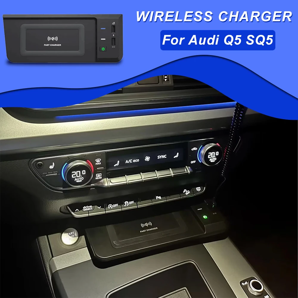 Carregador sem fio de 15W para Audi Q5 SQ5 2018-2023, suporte para celular, base de carregamento plug and play, acessórios interiores.