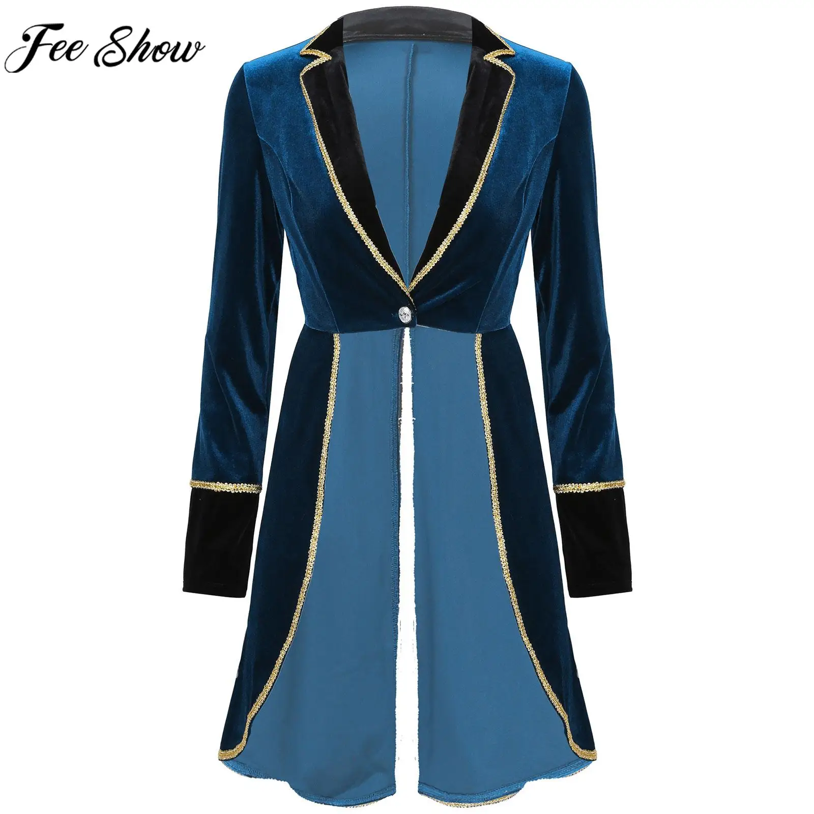 Women Queen Circus Cosplay Costume Long Sleeve Lapel Velvet Tuxedo Coat Swallow-Tailed Jacket for Halloween Theme Party Dress Up