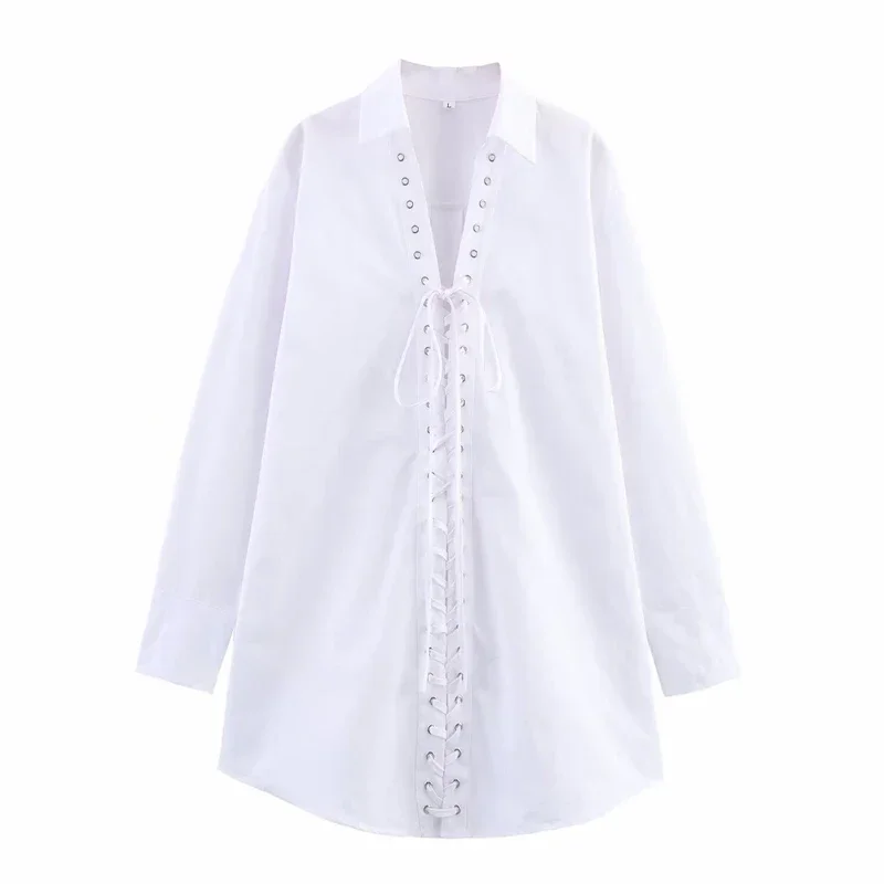

Casual Rope Tie Design Tops Turn-down Collar Shirt Summer Autumn Women Full Sleeves Office Lady Shirts Streetwear White