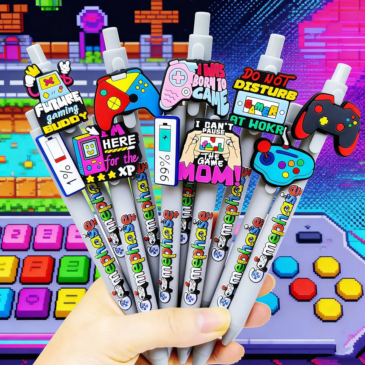 

8/15pcs game theme printing patch pen light gray series of game phrase handle ballpoint pen stationery office gift ballpoint pen