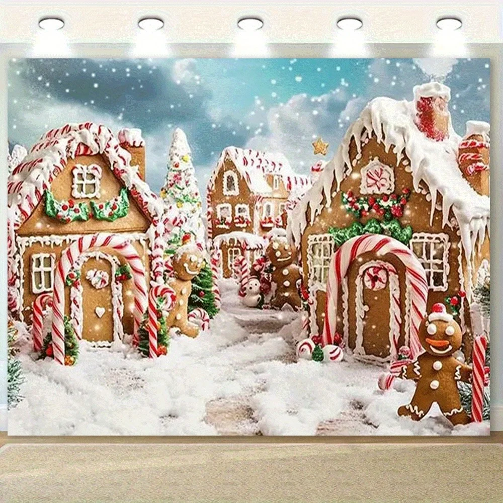 1 Stück Weihnachts-Lebkuchen-Gorf-Hintergrund – Winterwunderland-Hintergrund und Lebkuchenhaus, Zuckerstange – Polyester