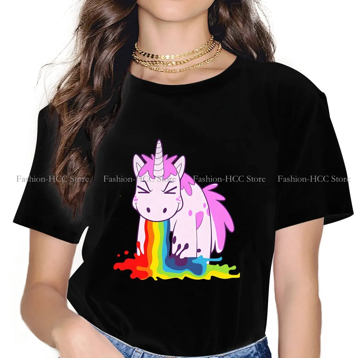 I Puke Rainbows Round Collar TShirt Cute Unicorn Cartoon Original Polyester T Shirt Woman\'s Tops Fashion