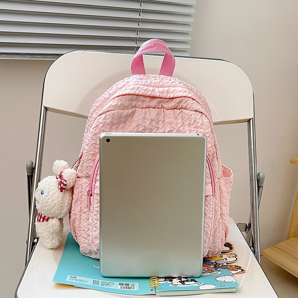 Students Backpack Solid Color Nylon School Handbag Multi-Pocket Folds Lightweight Scratch Resistant Adjustable Daily Leisure