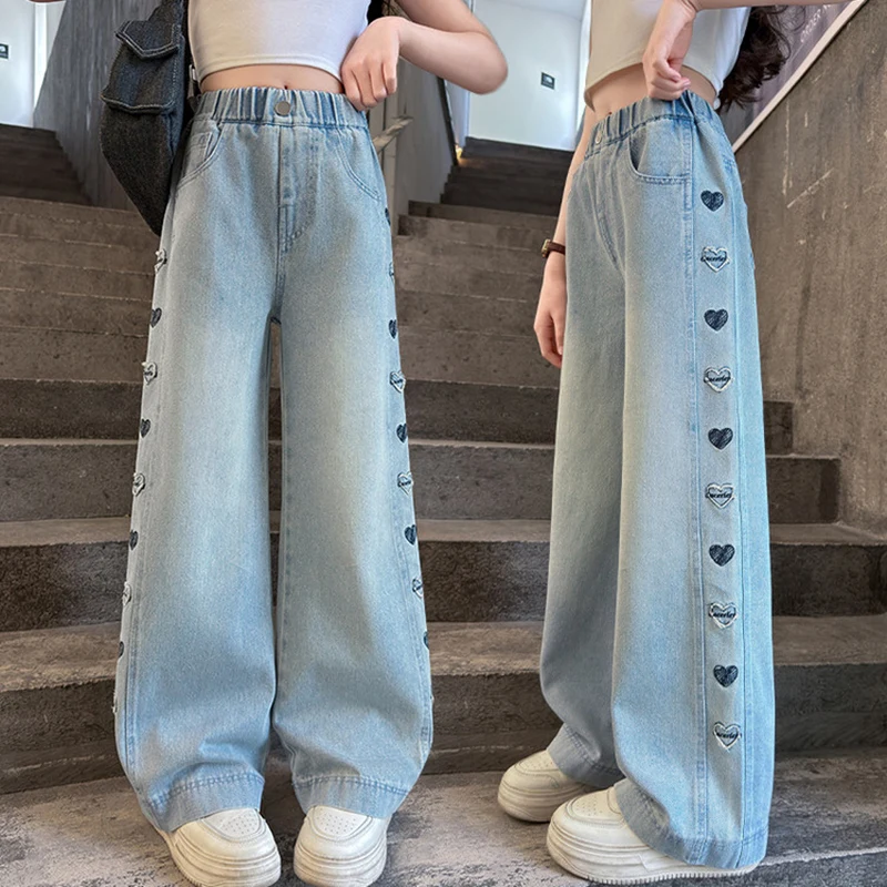 

Spring Autumn Children Wide Leg High Waist Blue Jeans with Hearts On The Side for Kids Girls Casual Street Style Denim Pants