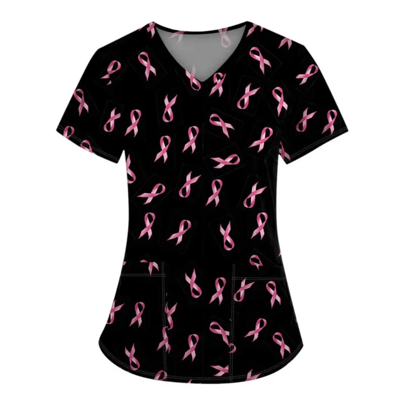 Damen-Krankenpflegehemd mit rosa Schleifendruck, kurzärmelig, VNurse-Uniform mit Taschen für klinische Arbeit. – Detail 8