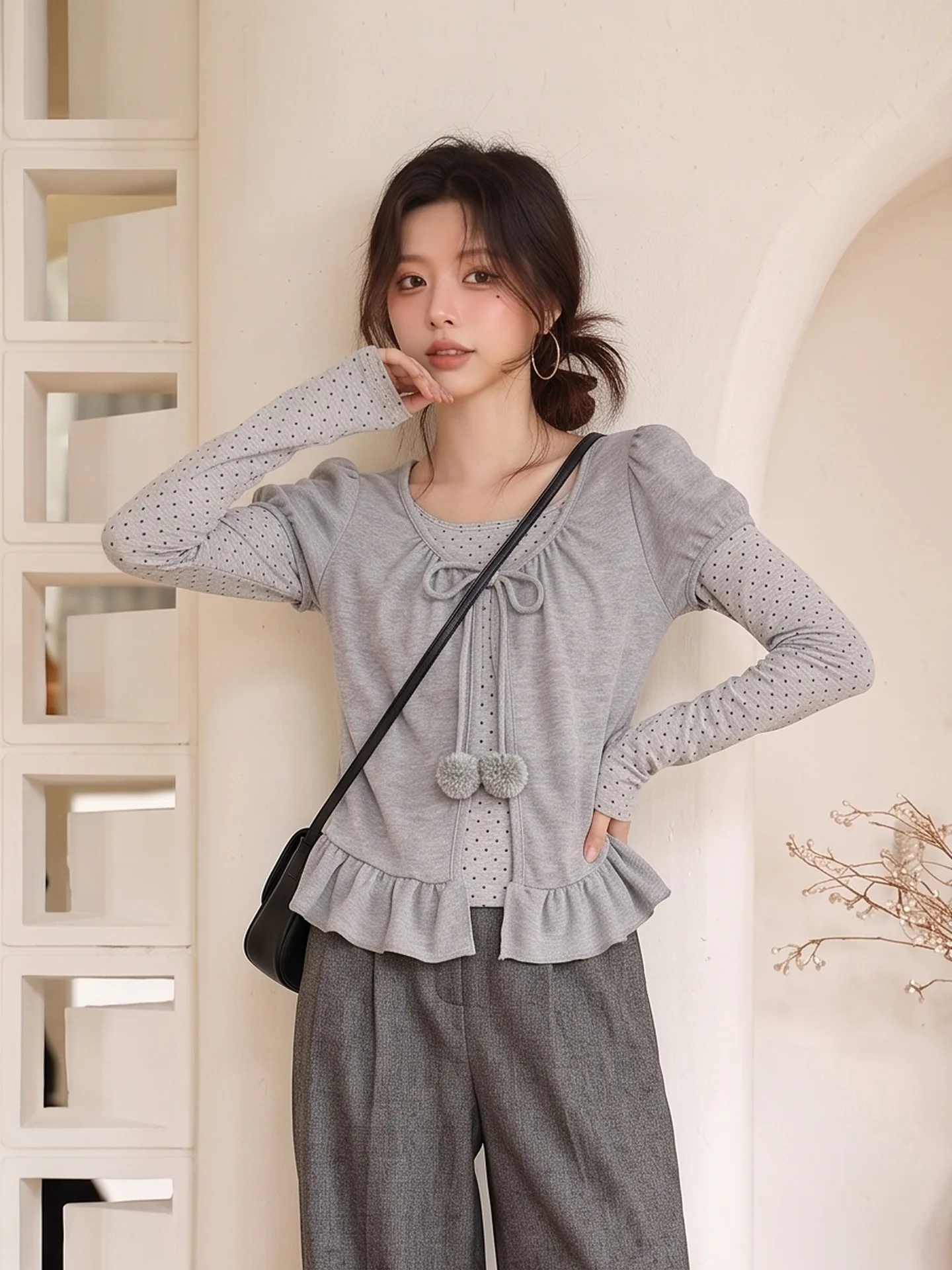Korean Style Sweet Polka Dot Long Sleeve T-Shirt Women's Loose Slimming Layering Beautiful Two-Piece Set City Walk Suitable