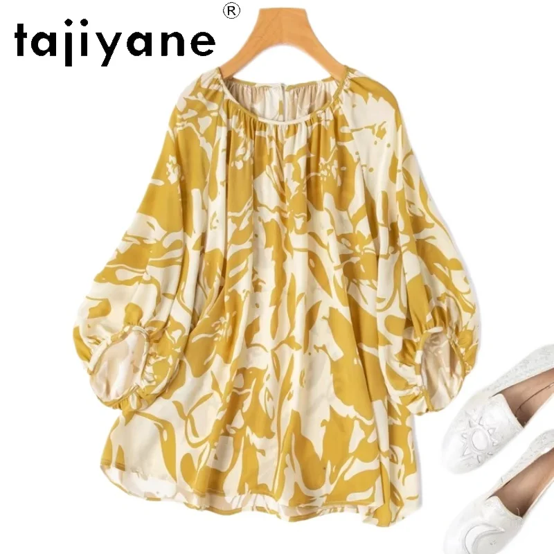 

Женская футболка TAJIYANE из 100% шелка тутового шелкопряда, желтая, с принтом, свободного кроя, повседневная летняя, 2026, женская одежда, топ