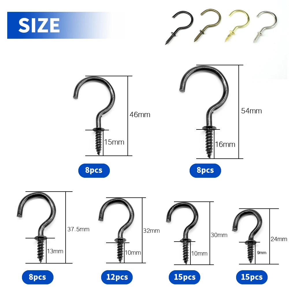 NINDEJIN 66pcs Heavy-duty Screw Hooks Kit Carbon Steel Screw-in Hook Hanger Ceil Cup Hook for Hanging Mug Plant Decorative Screw