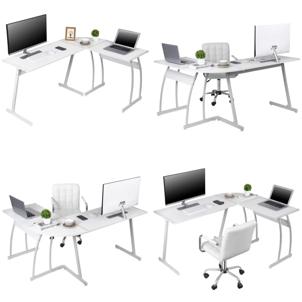 

58 Inch L Shaped Gaming Desk Computer Table for Laptop Office Workstation White Large Corner Desk with RGB Lights Cable