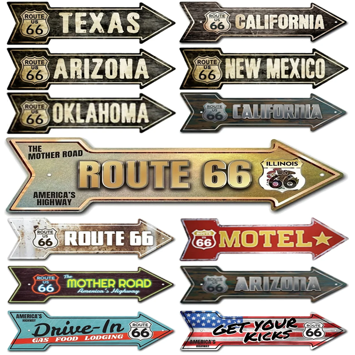 Retro Route 66 Motel Metal Tin Signs Vintage Street Signs Retro Arrow Directional Signage Funny Tin Sign for Wall Decoration