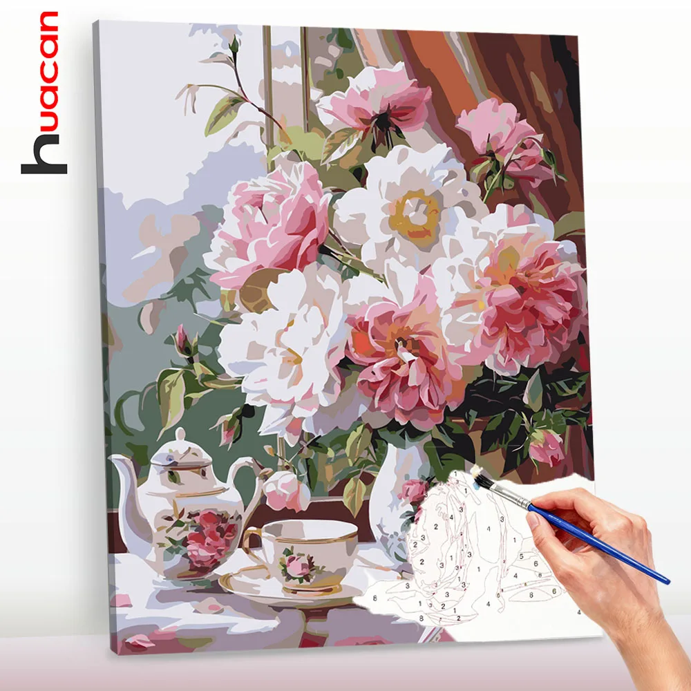 Huacan Digitales Ölgemälde Geschenk DIY Malen-nach-Zahlen Set für Erwachsene Blumenvase Bild Kunsthandwerk auf Leinwand Heimdekoration