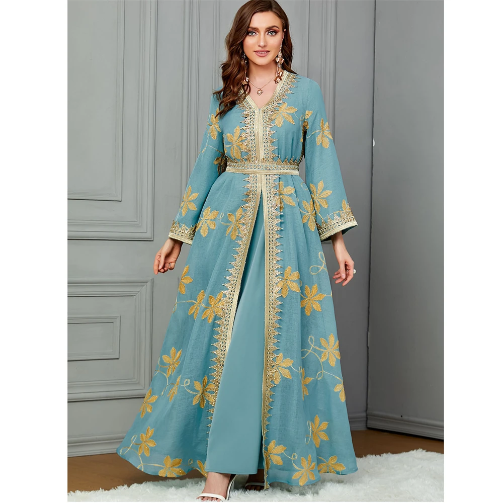 

2 Piece Musim Women Embroidery Abaya Long Maxi Dress Gulf Jalabiya Dubai Saudi Kaftan Eid Party Evening Morocco Vestido Gown Set