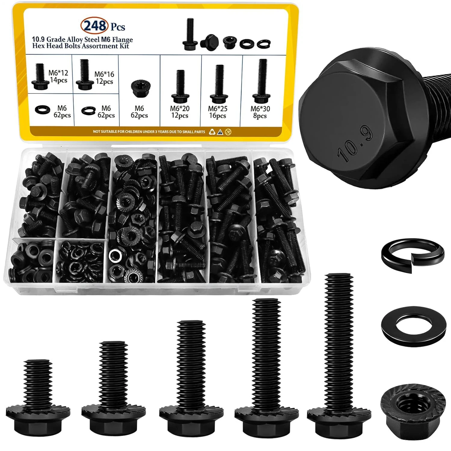 

248 PCS Flange Hex Nut Assembly Kit, M6x 12-30 mm Metric Bolts and Toothed Flange Nut Gasket, Suitable for Vehicles, 10.9 Black