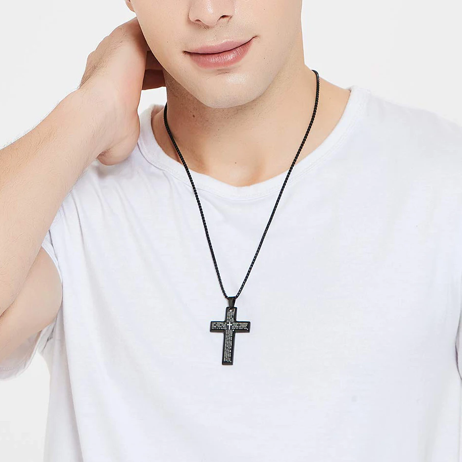 Mode Bibel Jesus Kreuz Anhänger Halskette Hip Hop Männer Edelstahl Anhänger Halskette für Frauen Retro Religiöse Gebet Schmuck – Detail 8