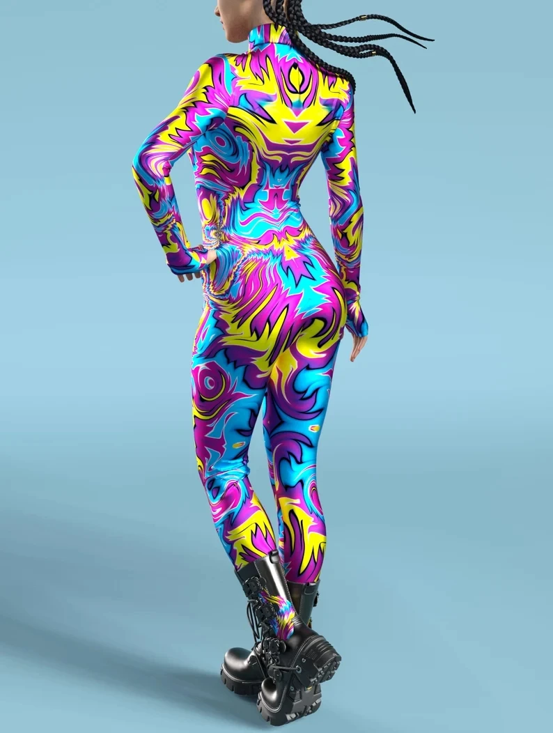 Mehrfarbiger Totenkopf-Print-Kostüm, Damen-Body mit Reißverschluss vorne, Halloween-Party, Karneval, Festival, Bühnenauftritt, Catsuit-Kostüm – Detail 7