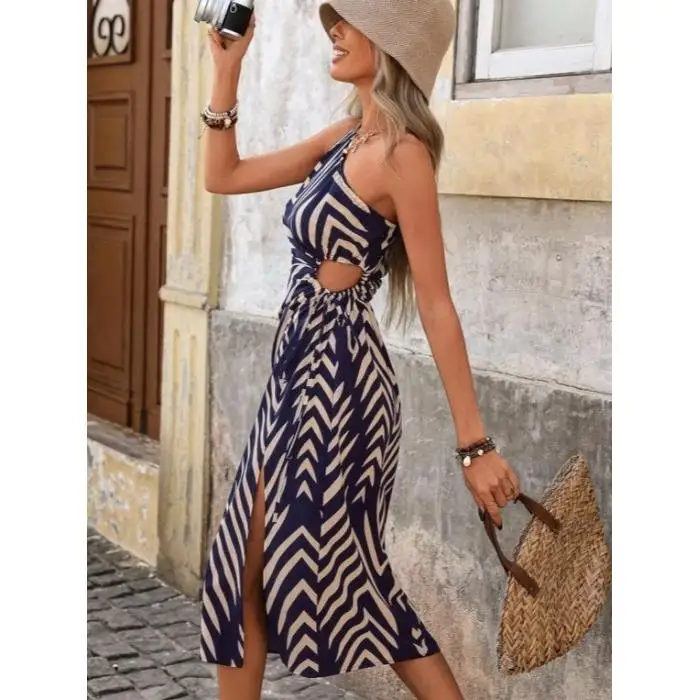 夏の新作レディーススリムドレースウエスト紐付き中空サイドスリットプリントストライプストレートカットポリエステル繊維