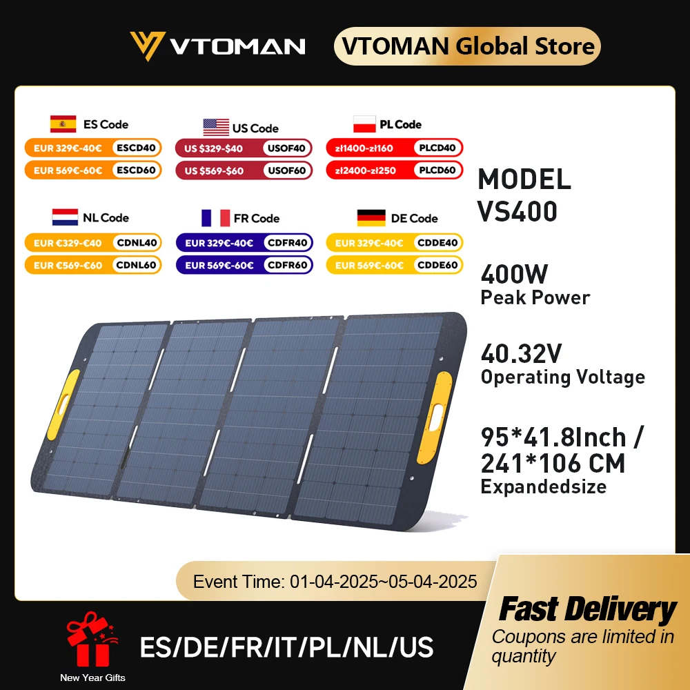 VTOMAN VS400W Pannelli solari pieghevoli Cella 40,32 V Pannello di ricarica solare portatile Kit