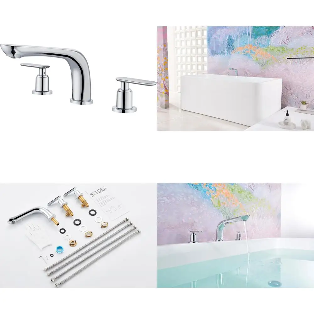 

Two-Handle Chrome Tub Filler Faucet, Widespread Roman Tub Deck Mount High Flow Bath Fixture, 3-Hole Installation Option