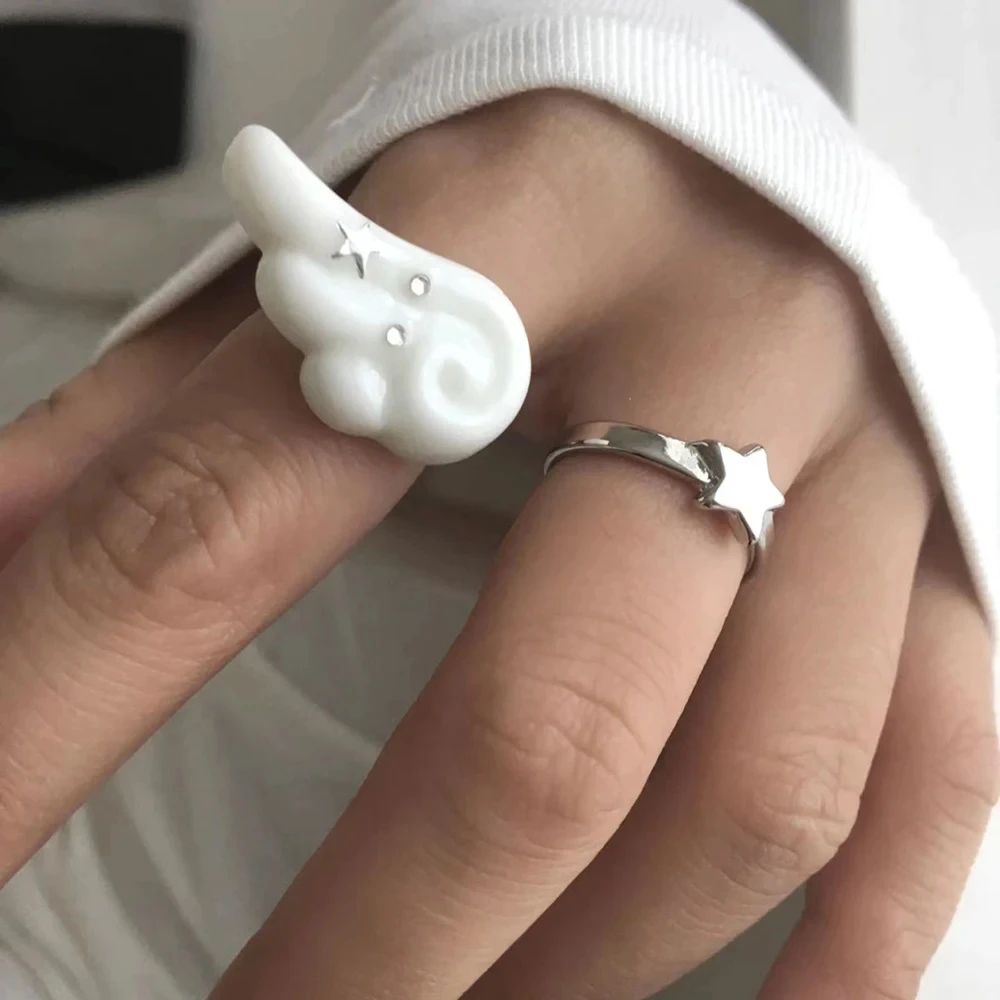 Anillo de ala de Ángel bonito para subcultura, anillos blancos ajustables con apertura de estrella INS, accesorios de joyería gótica Punk, regalos Unisex