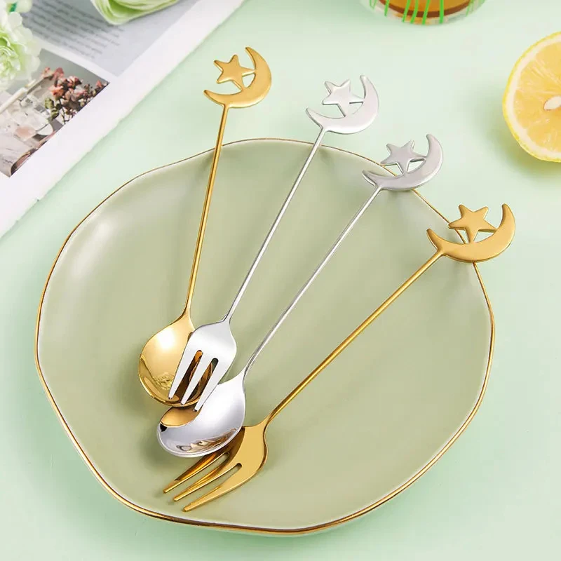Moon Star Coffe Spoon Fork Ramadan Decorations for Home 2025 Islamic Muslim Festival Party Dinner Decor Dessert Cake Spoon