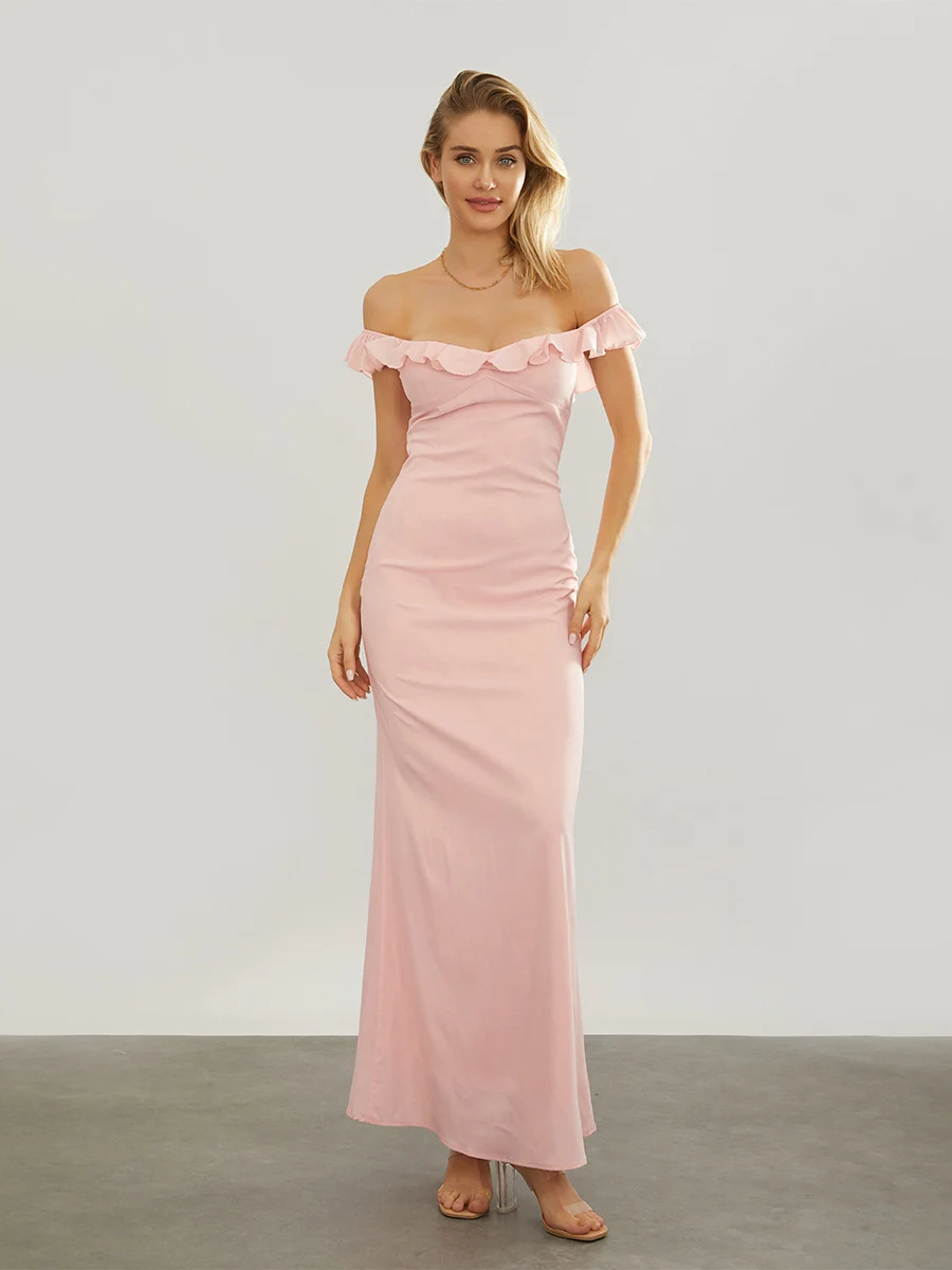 Largo vestido de noche de verano para mujer, vestido rosa con espalda descubierta, hombros descubiertos y volantes sin tirantes