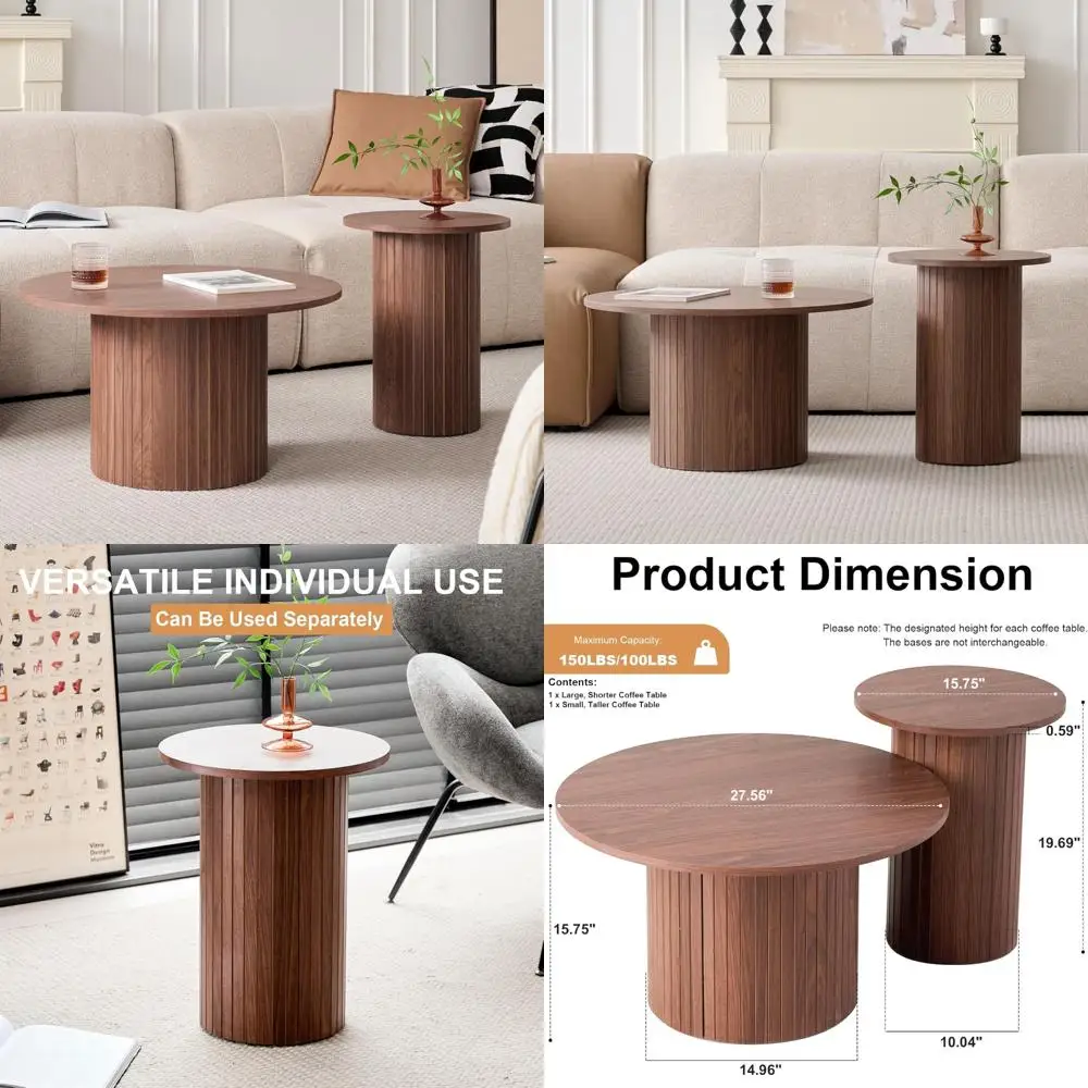 

Boho Style Nesting Coffee Tables - Large 27.6cm Short and Small 15.8cm Tall Circle Side Tables with Fluted Drum Design