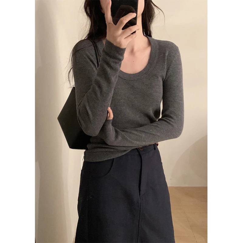 

Женская приталенная шерстяная трикотажная основа irt Large U Neline Long Sve Casual Sle Color Faionable Универсальная