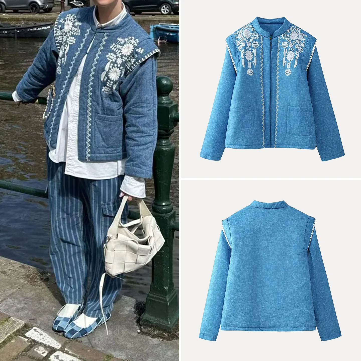 

Осень 2023, женская джинсовая куртка с длинным свеком и принтом, универсальная женская верхняя одежда в стиле милитари со стойкой и цветочным узором