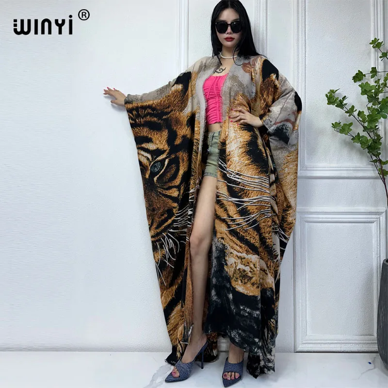 WINYI new winter outfits for women cardigan MAXI Tiger print Fashion hipster party dress Thick Warm Female jacket holiday coat